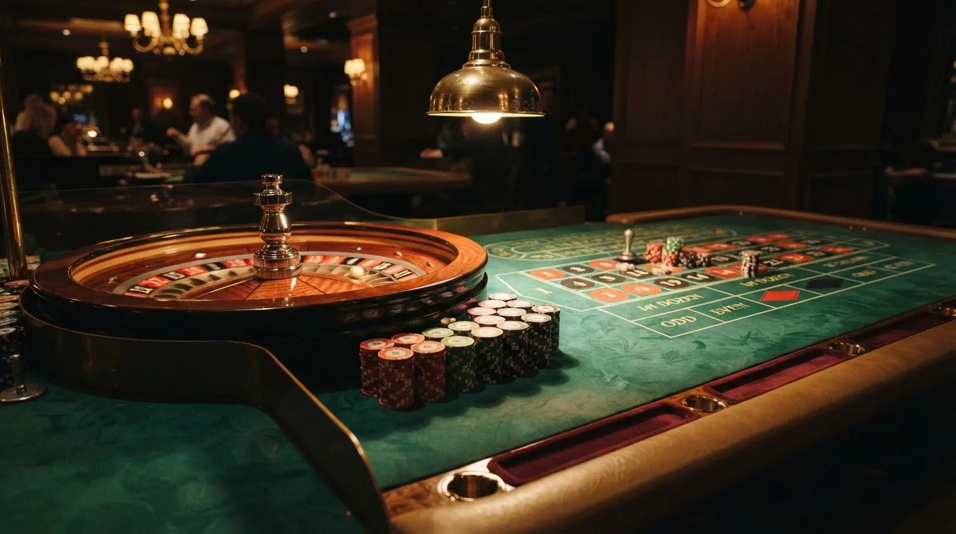 Kotač ruleta i žetoni na zelenom suknu pod toplim večernjim svjetlom — besplatni casina u hrvatskoj