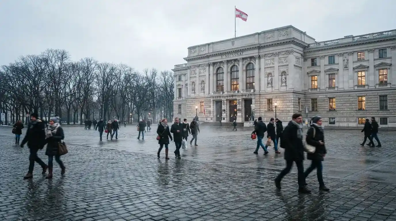 Trg ispred državne zgrade s hrvatskom zastavom, ljudi prolaze u zimskim kaputima, hladno jutarnje svjetlo.