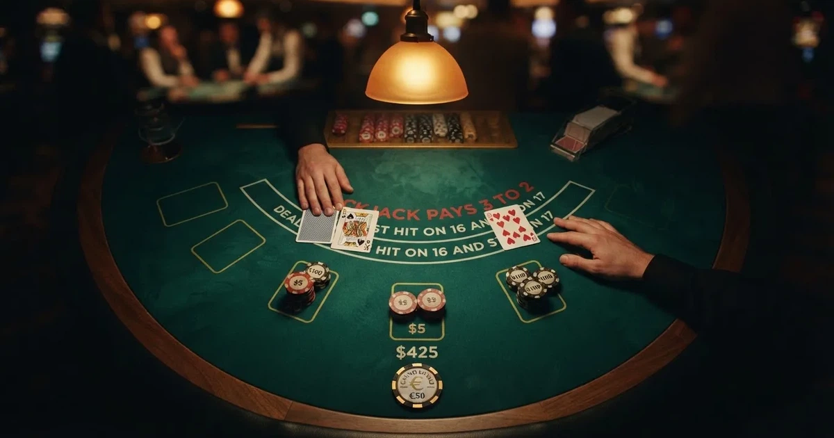Osvijetljen stol za igru s kartama, snimljen odozgo — blackjack casina u hrvatskoj