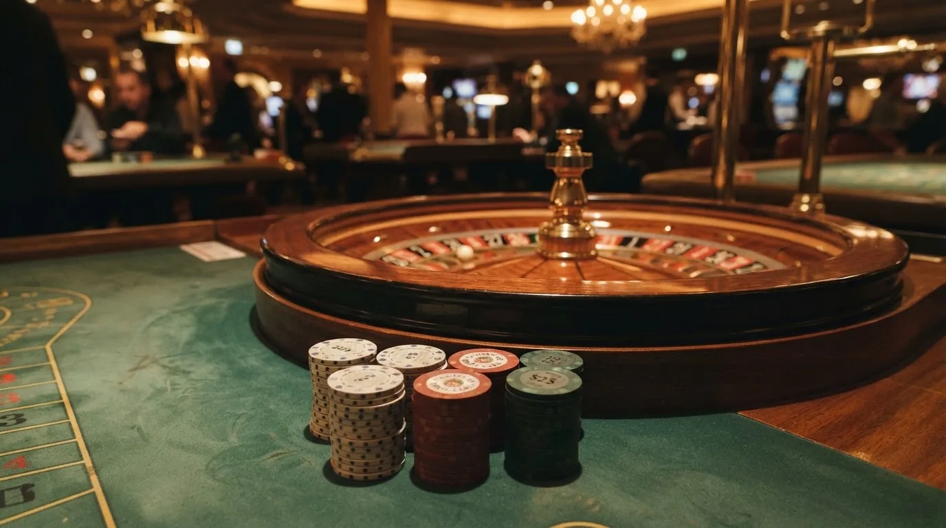 Kotač ruleta i žetoni na zelenom suknu pod toplim večernjim svjetlom — blackjack casina u hrvatskoj