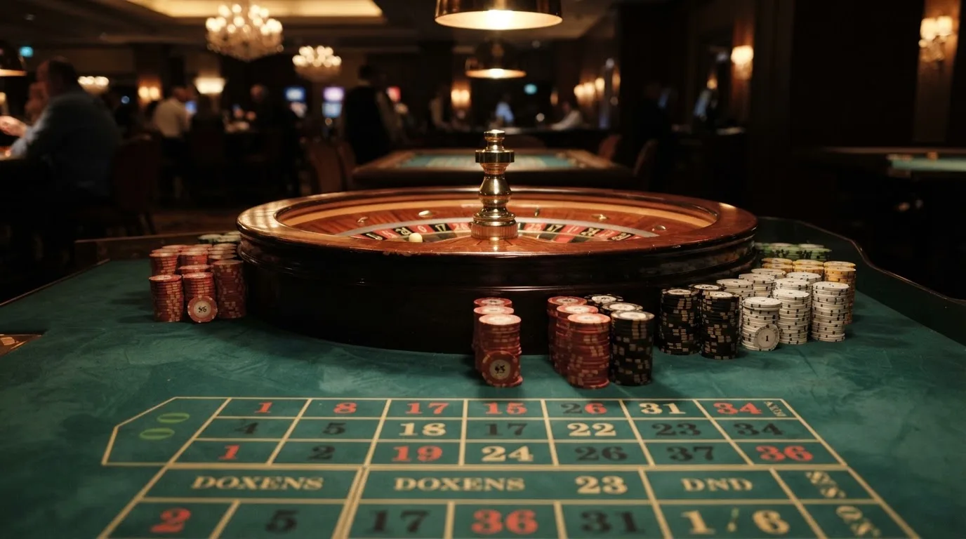 Kotač ruleta i žetoni na zelenom suknu pod toplim večernjim svjetlom — bonusi bez depozita u kasinu