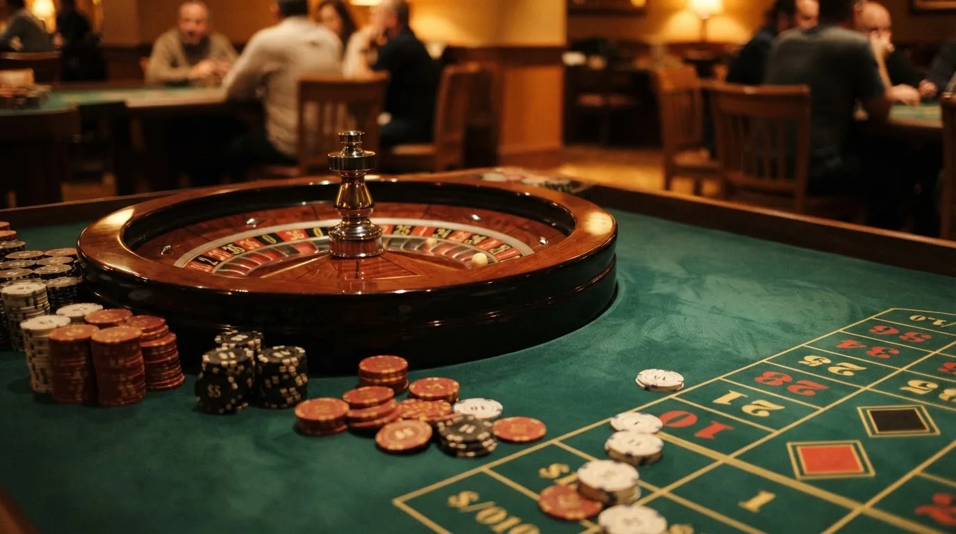 Kotač ruleta i žetoni na zelenom suknu pod toplim večernjim svjetlom — casina za android u hrvatskoj