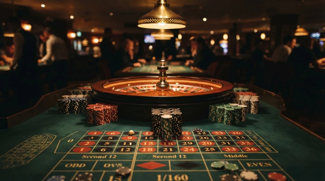 Kotač ruleta i žetoni na zelenom suknu pod toplim večernjim svjetlom — casina za iphone u hrvatskoj