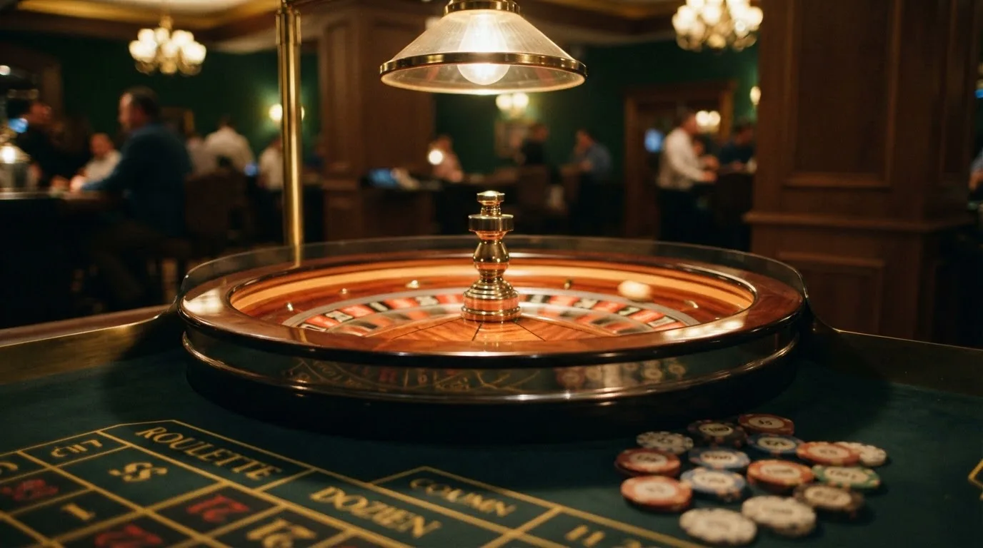 Kotač ruleta i žetoni na zelenom suknu pod toplim večernjim svjetlom — casino aparati u hrvatskoj