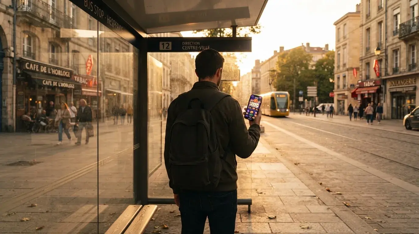 Osoba na autobusnoj stanici u Zagrebu čeka autobus i drži mobitel u ruci, kasno poslijepodne.