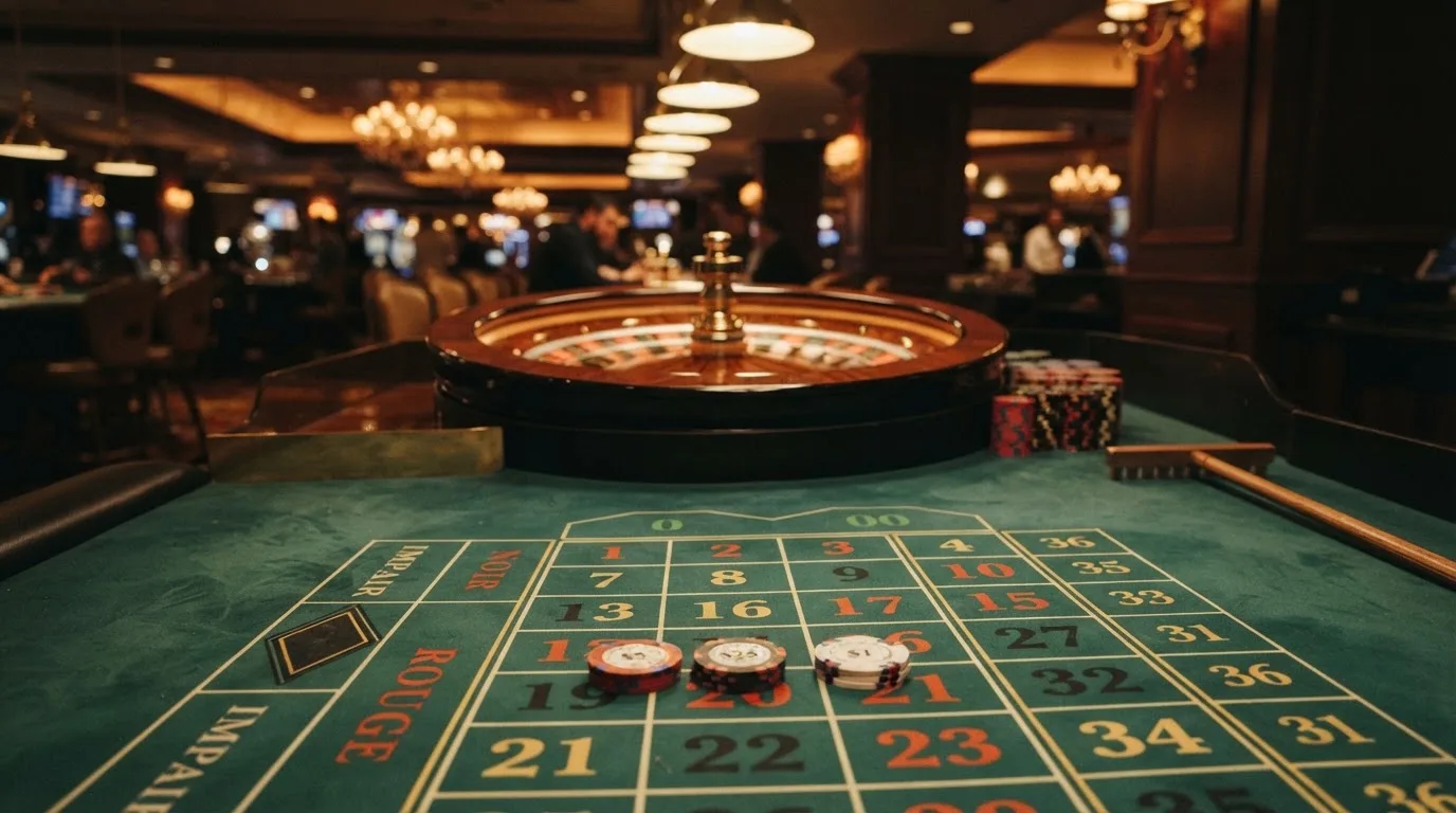 Kotač ruleta i žetoni na zelenom suknu pod toplim večernjim svjetlom — casino bez registracije u hrvatskoj