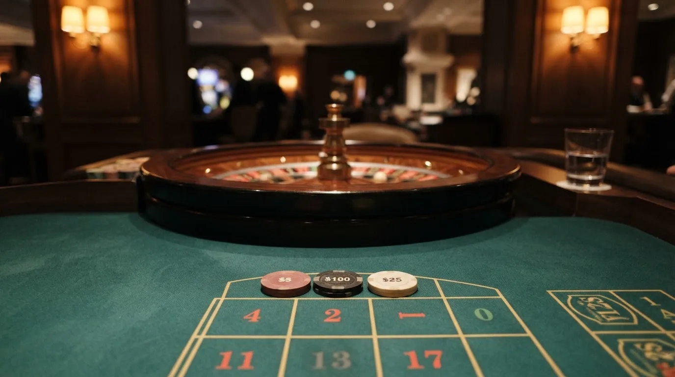 Kotač ruleta i žetoni na zelenom suknu pod toplim večernjim svjetlom — casino igre u hrvatskoj