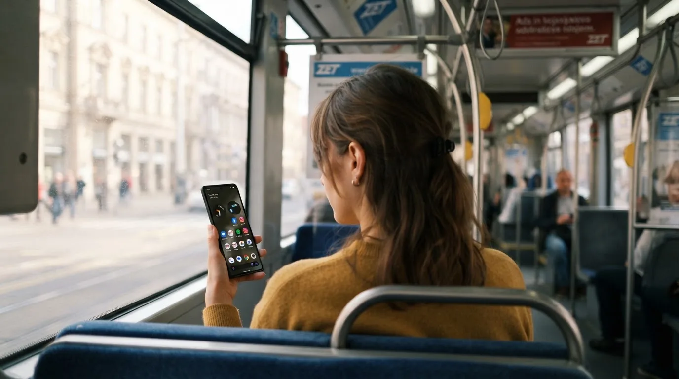 Žena u zagrebačkom tramvaju drži pametni telefon, putnici u pozadini zamućeni, dnevno svjetlo kroz prozore.