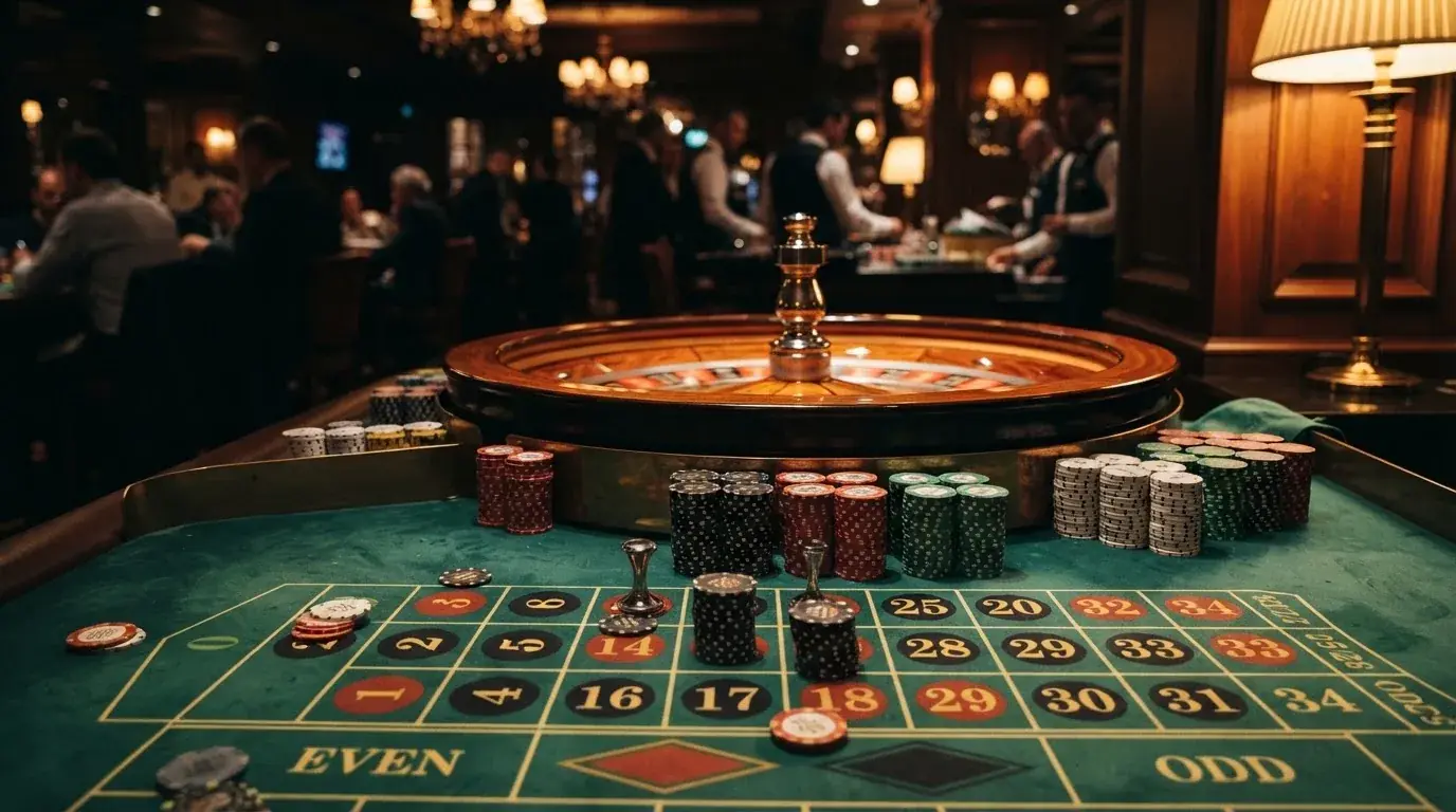 Kotač ruleta i žetoni na zelenom suknu pod toplim večernjim svjetlom — casino s apple pay u hrvatskoj
