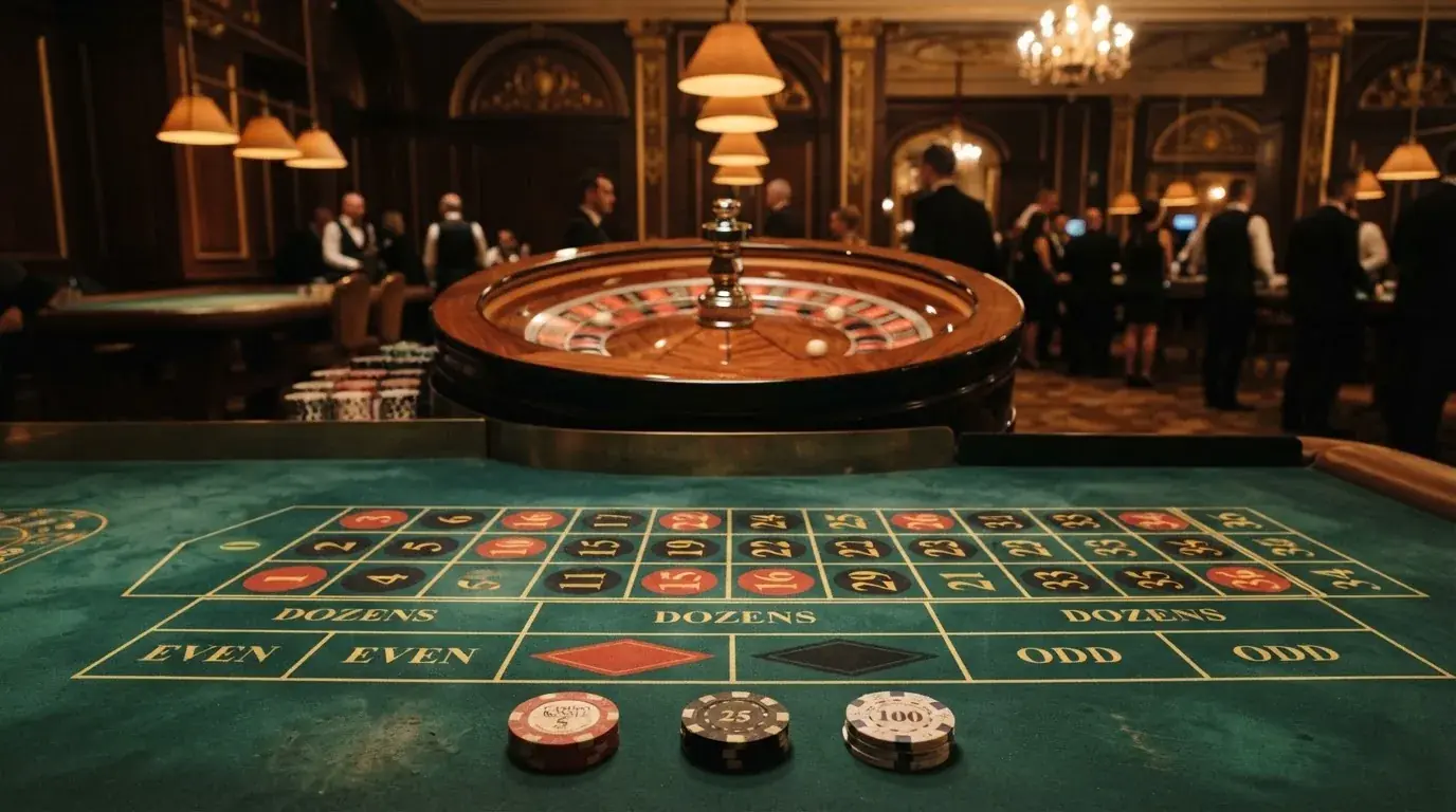 Kotač ruleta i žetoni na zelenom suknu pod toplim večernjim svjetlom — casino s bankovnim transferima
