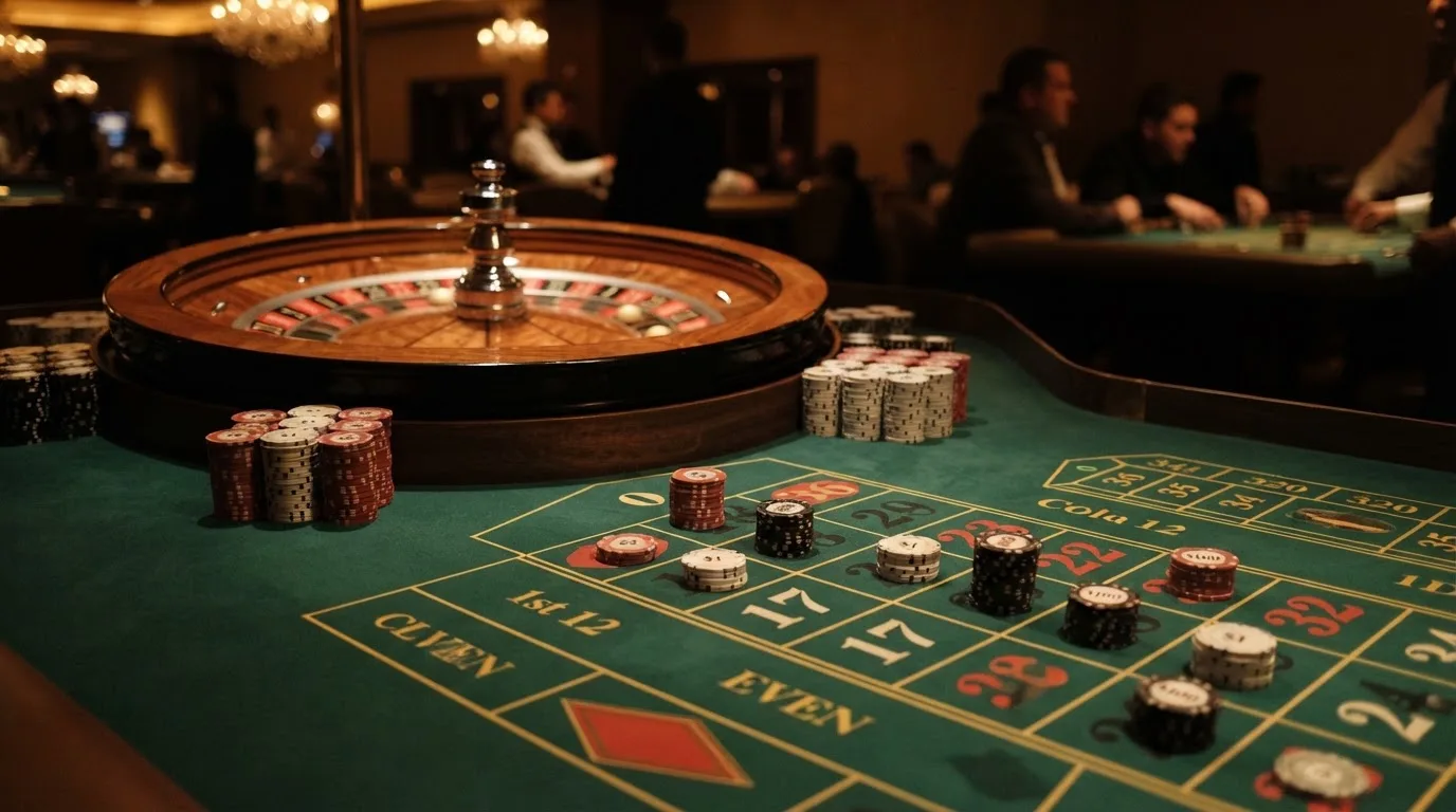 Kotač ruleta i žetoni na zelenom suknu pod toplim večernjim svjetlom — casino stranice u hrvatskoj