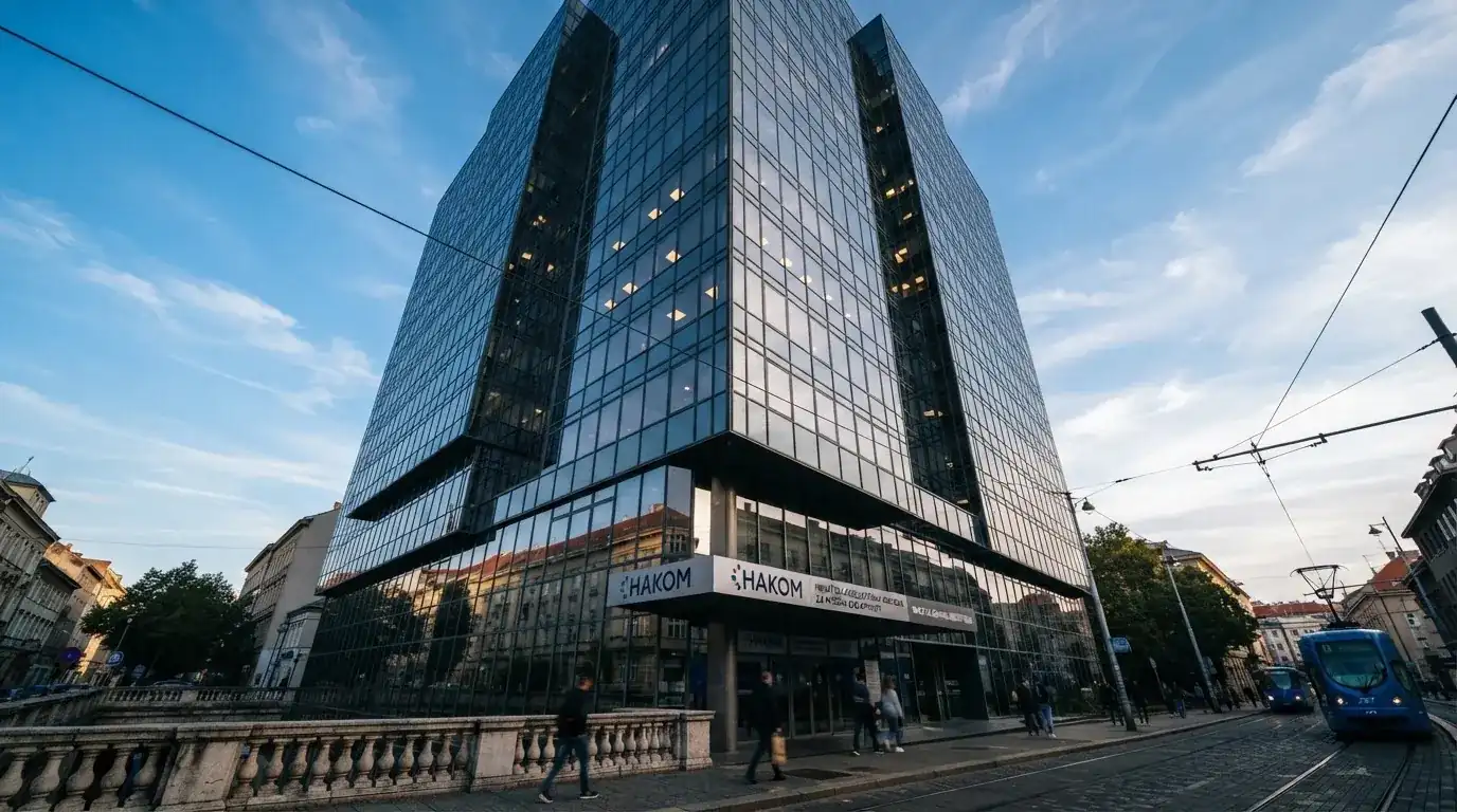 Neboder u središtu Zagreba s odsjajem neba na staklenom pročelju, snimljen s razine ulice.