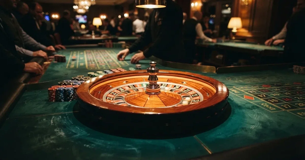 Kotač ruleta i žetoni na zelenom suknu pod toplim večernjim svjetlom — cro casino u hrvatskoj