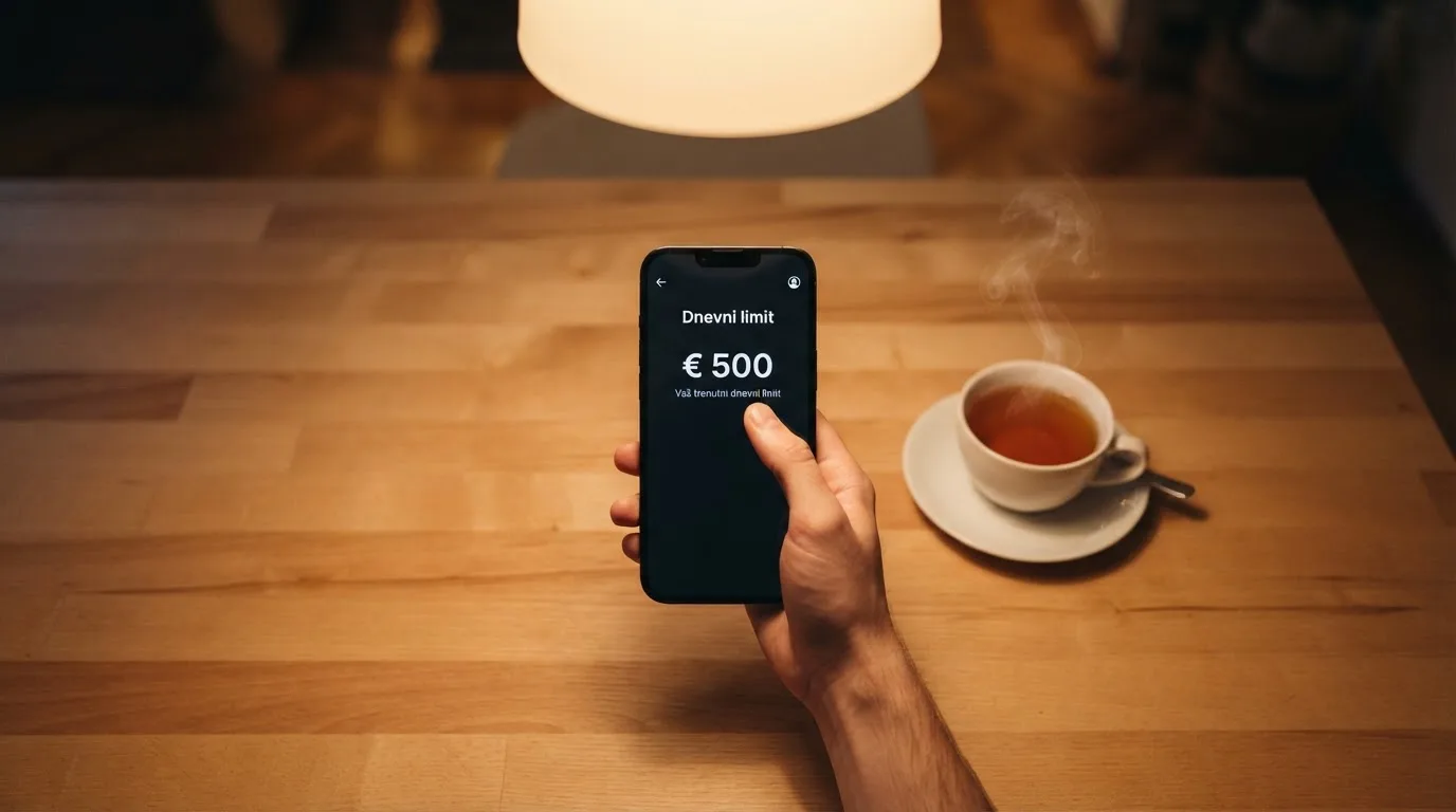 Ruka drži mobitel pokraj šalice čaja na kuhinjskom stolu u mirnu večer — cro casino u hrvatskoj