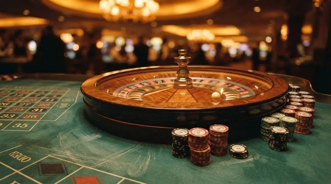 Kotač ruleta i žetoni na zelenom suknu pod toplim večernjim svjetlom — ethereum casino u hrvatskoj
