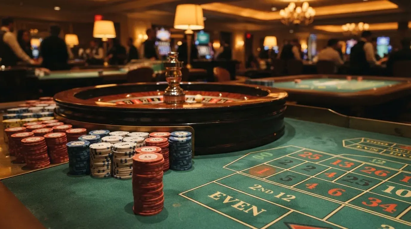 Kotač ruleta i žetoni na zelenom suknu pod toplim večernjim svjetlom — igrati blackjack u hrvatskoj
