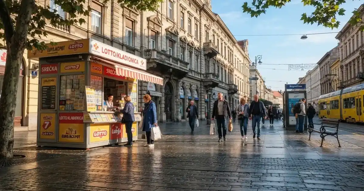 Ulica u centru Zagreba s kioskom za lutrijske listiće i prolaznicima, snimljeno danju.