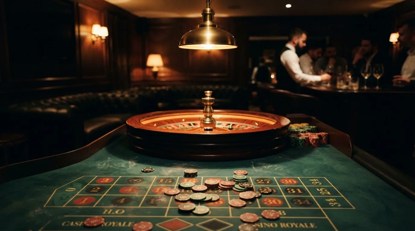 Kotač ruleta i žetoni na zelenom suknu pod toplim večernjim svjetlom — kombinacije za rulet