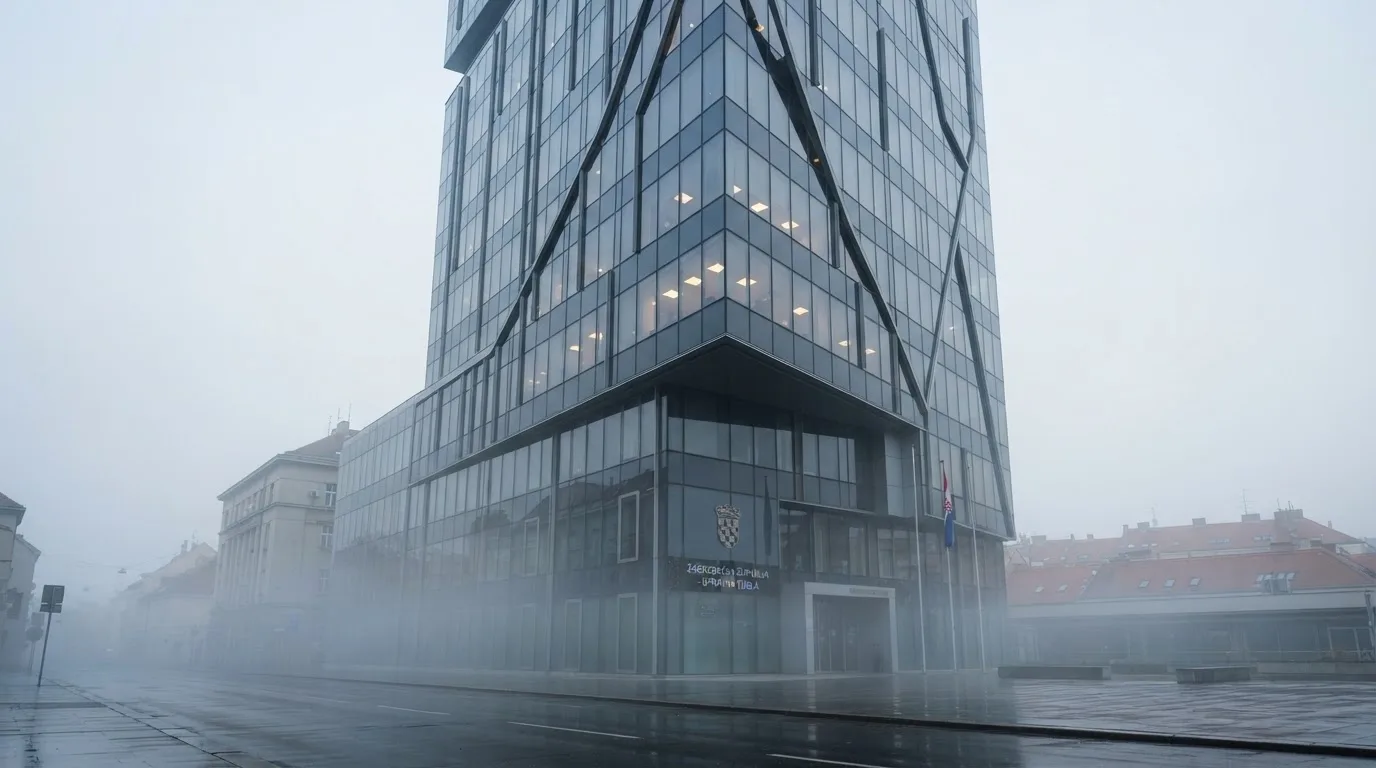 Pročelje zgrade od stakla i čelika u Zagrebu, jutarnja izmaglica i dnevno svjetlo, bez ljudi.