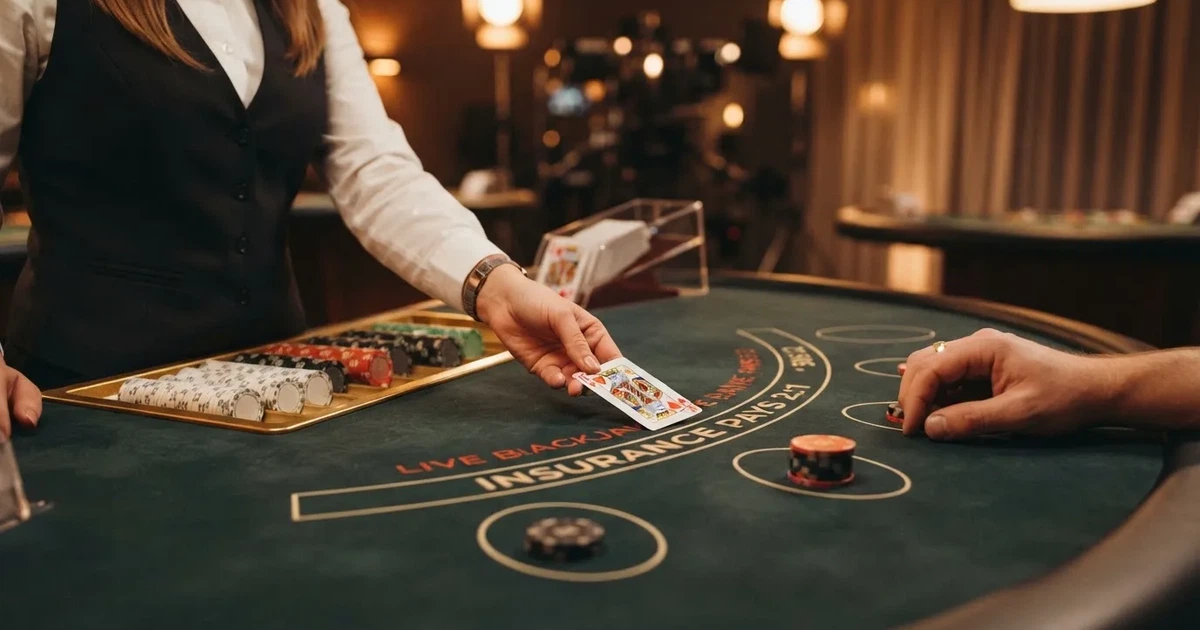 Krupije u elegantnoj uniformi dijeli karte za stolom blackjacka u studiju, snimljeno s boka pod toplim reflektorima.