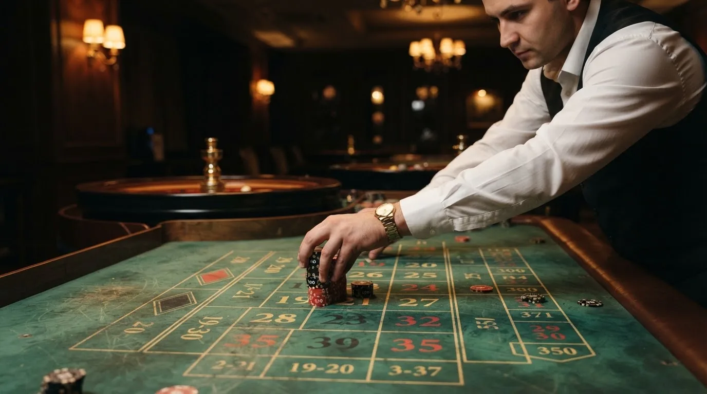 Krupije u bijeloj košulji slaže žetone na zeleno sukno stola ruleta tijekom mirne večernje smjene.