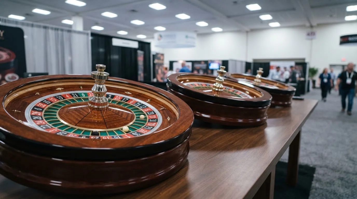 Tri identična kotača ruleta poredana jedan do drugoga na dugom stolu u izložbenom prostoru, snimljena izbliza.