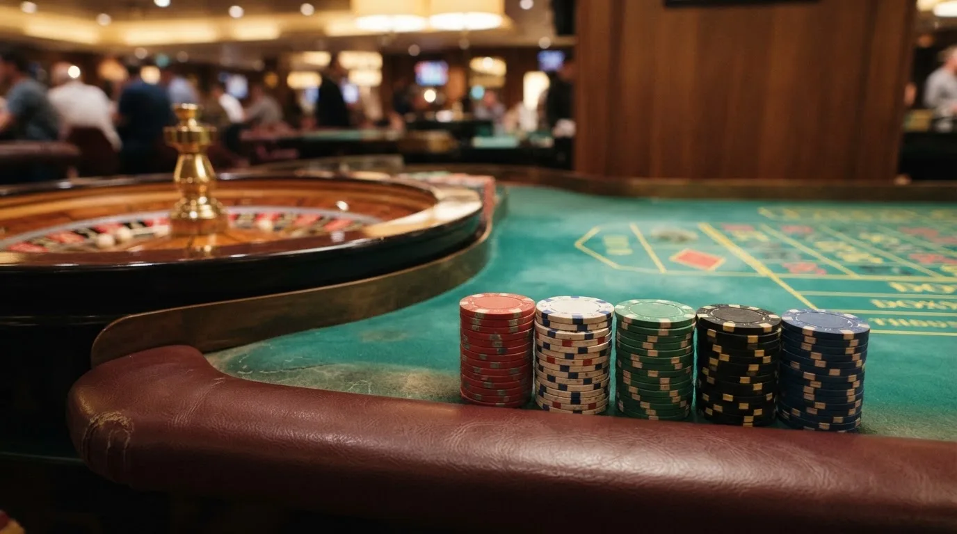 Žetoni naslagani u stupce uz rub zelenog stola, u pozadini zamućen kotač ruleta.