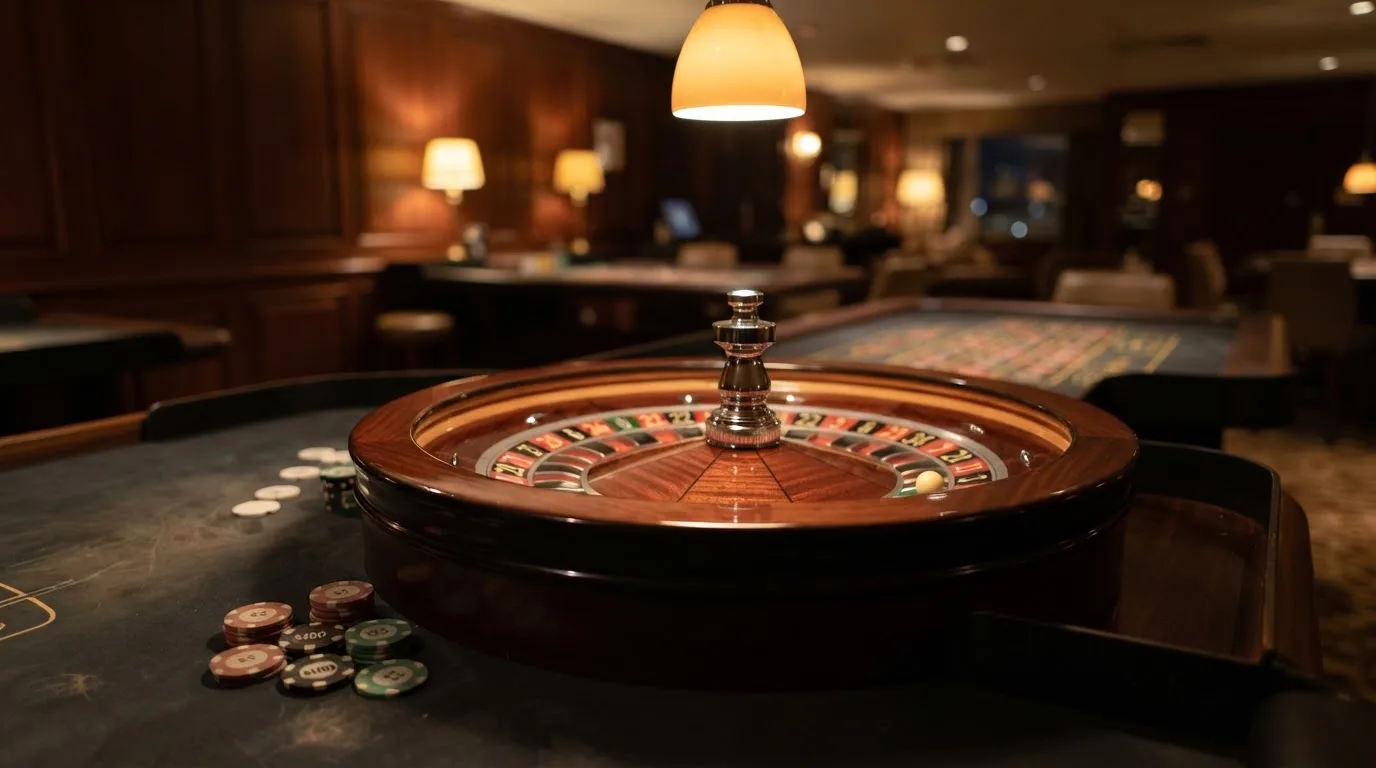 Kotač ruleta i žetoni na zelenom suknu pod toplim večernjim svjetlom — rulet casina u hrvatskoj